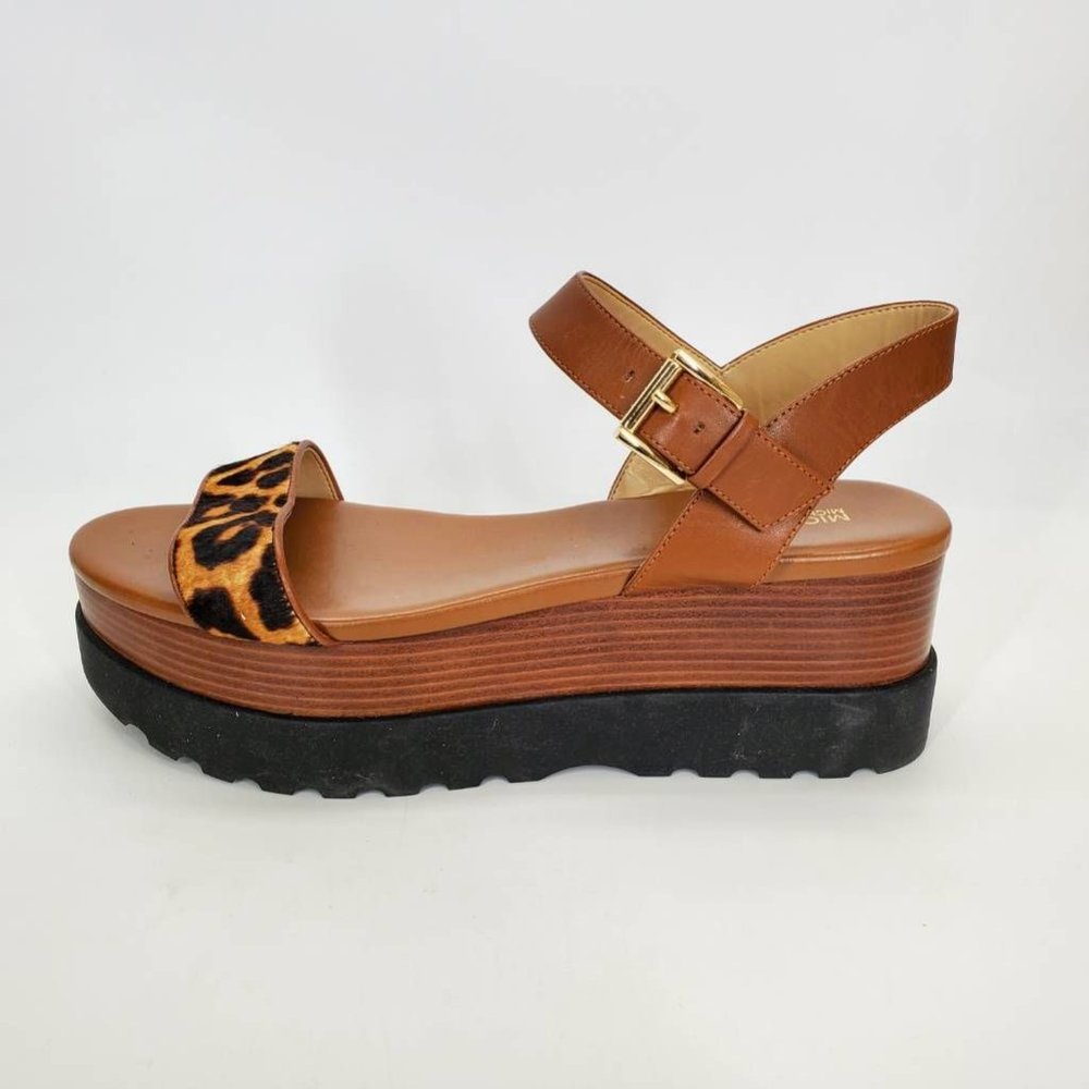 Michael Kors Womens Marlon Sandals Brown Leopard Print Leather Wedge Heels 10 M
